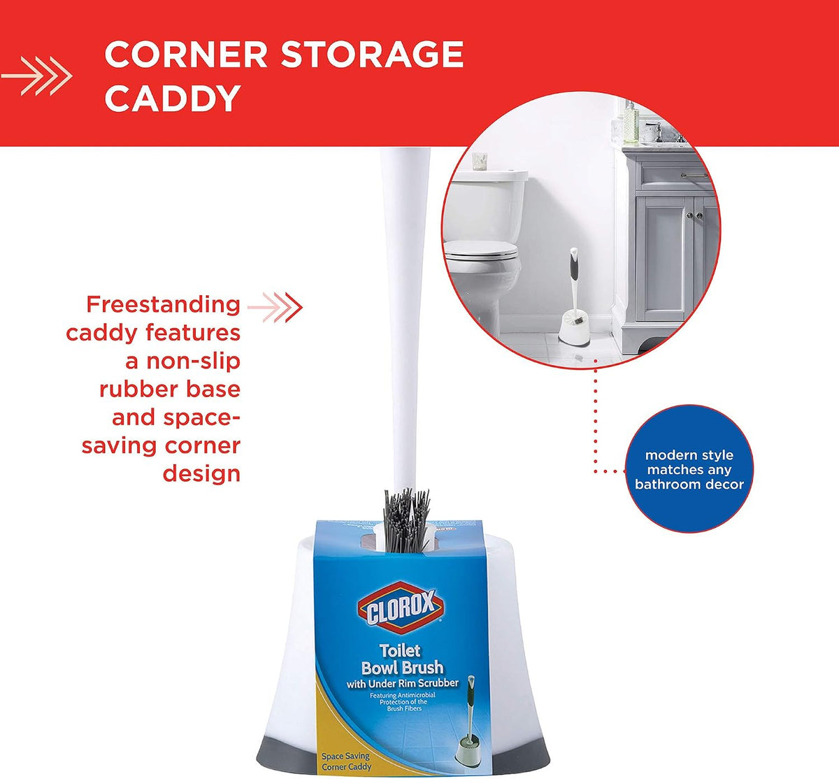 Clorox Corner Toilet Bowl Brush with Under Rim Scrubber. Includes Corner Storage Caddy. White