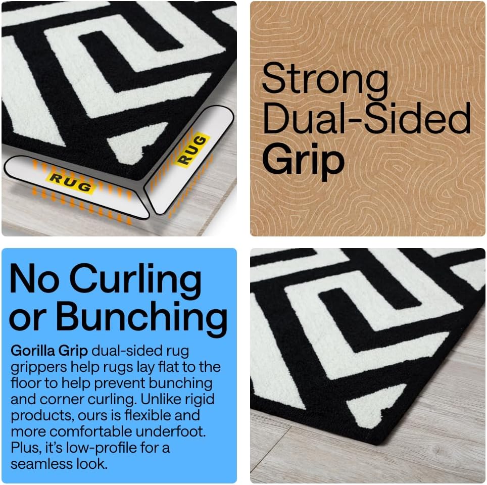 GORILLA GRIP® Extra Long Rug Grippers for Hardwood Floor. 8 Pack Black | Reusable Dual-Sided Adhesives Pads Keep Area Rugs Corners Flat. Holds Down Carpet on Hard Wood. Tile Floors. Renter Friendly