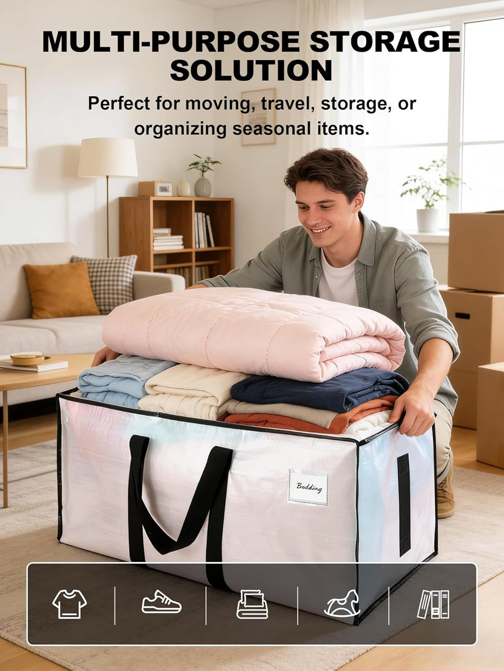 HOMESURE Supports 200lbs Heavy Duty Moving Bags - Strong Zipper & Wrap-Around Handles - Water-Resistant Storage Totes. Durable Alternative to Moving Boxes - 8 Pack - Semi-Transparent