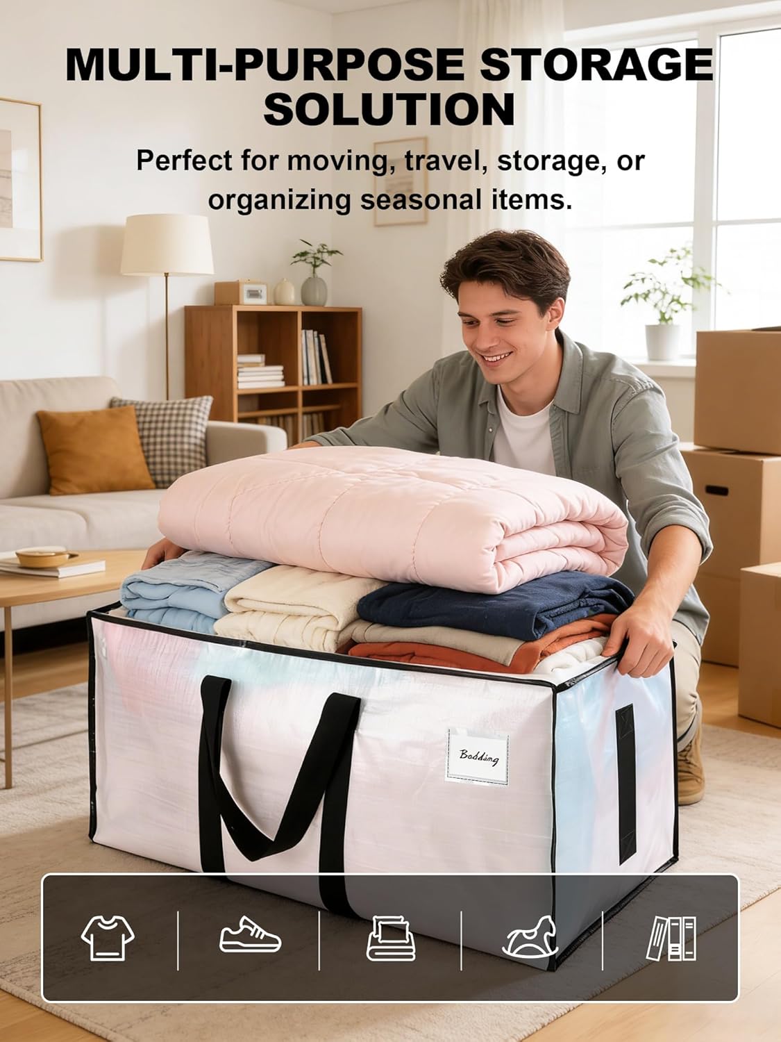 HOMESURE Supports 200lbs Heavy Duty Moving Bags - Strong Zipper & Wrap-Around Handles - Water-Resistant Storage Totes. Durable Alternative to Moving Boxes - 8 Pack - Semi-Transparent