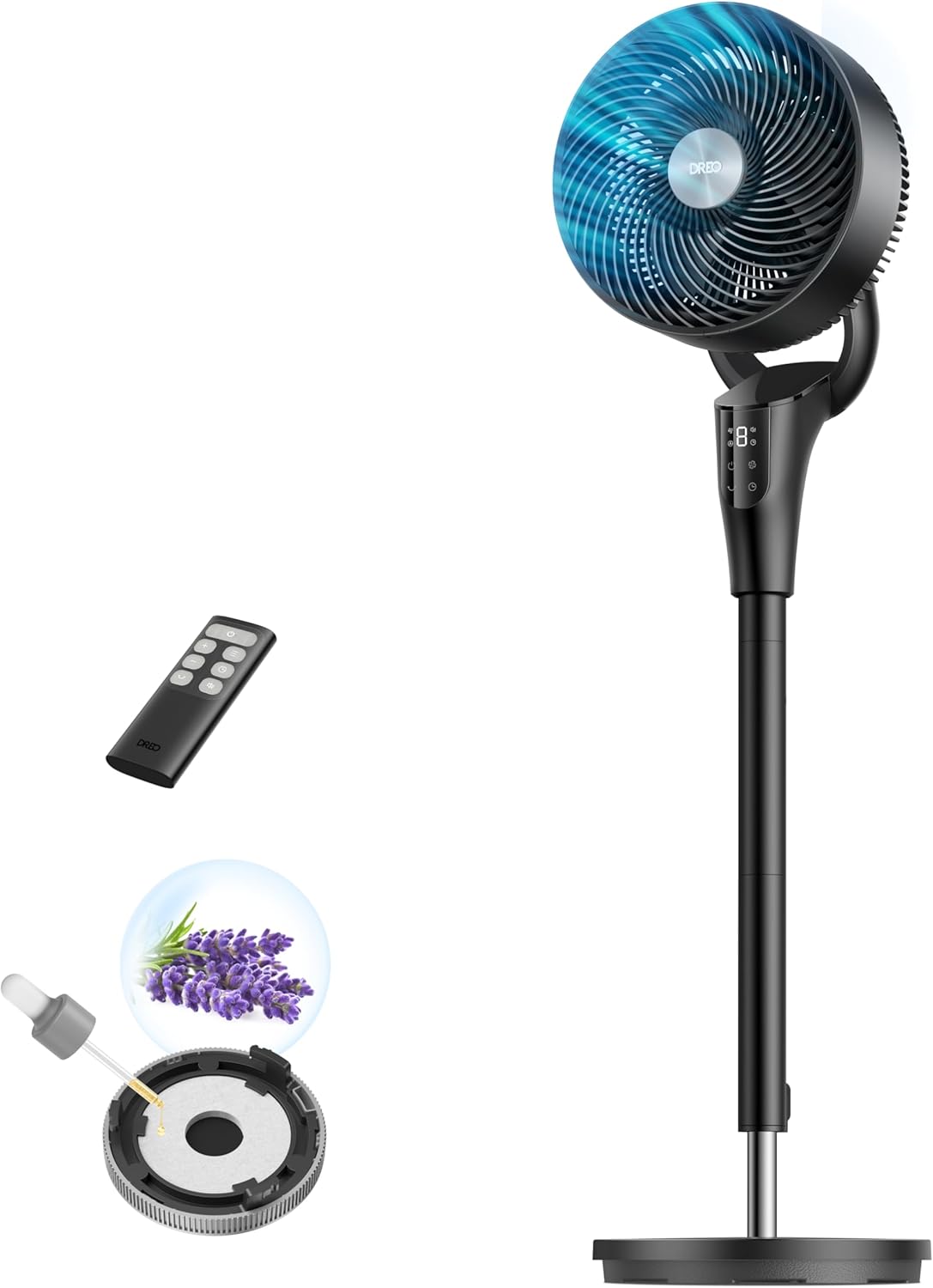 DREO Fan for Bedroom. 2026 Upgraded. 90ft Airflow. Quiet Fan. 90° Oscillating Standing Fan for Whole Room. DC Motor. 8+H Speeds. 3 Modes. 38-42'' Adjustable Height. 8H Timer. 105° Manual Vertical