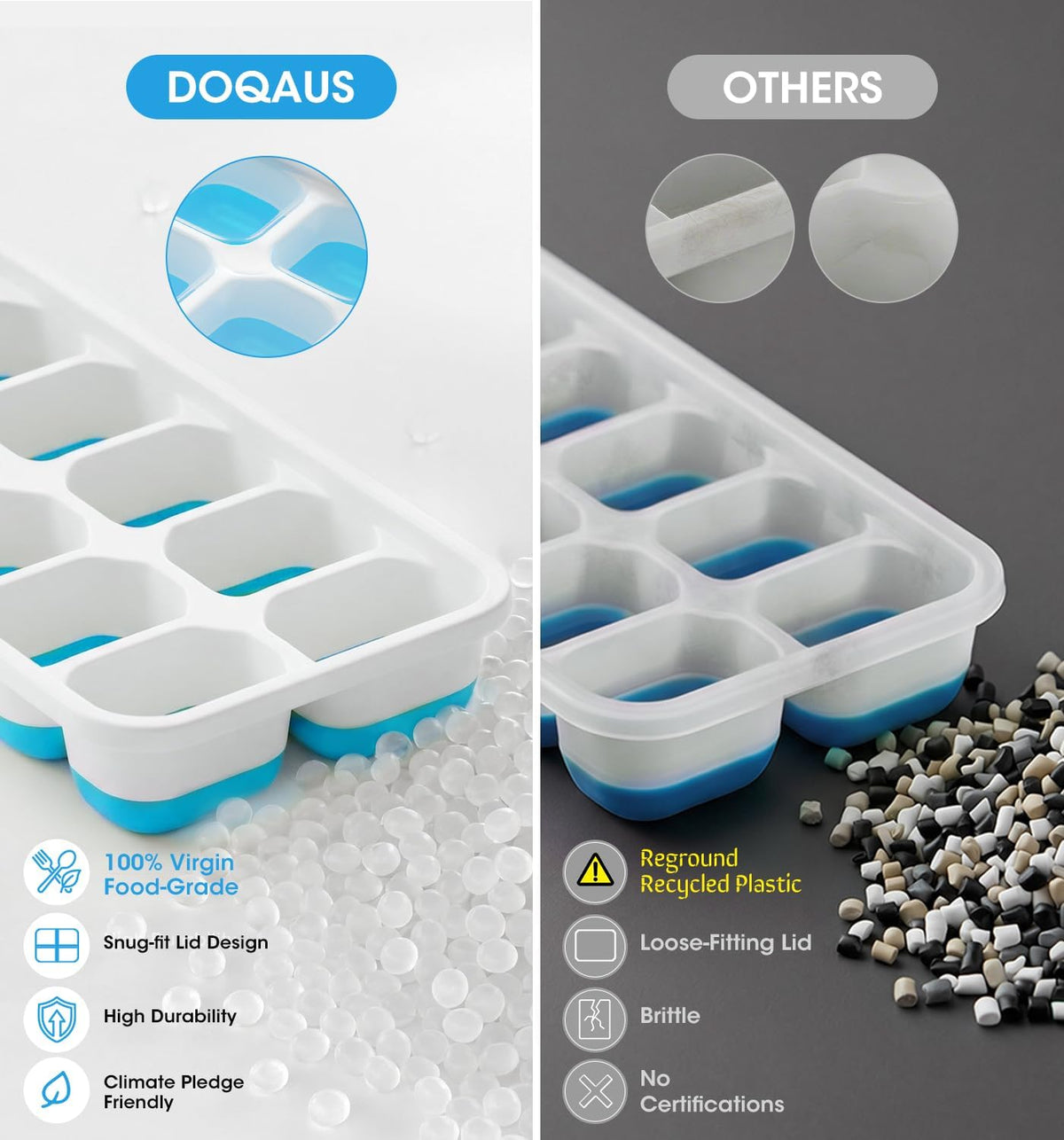 DOQAUS Ice Cube Tray with Lid and Bin.4 Pack Ice Cube Trays for Freezer | Silicone.Stackable. Easy Release Trays with Storage Bin & Scoop. Ideal for Freezer. Kitchen. RV. Cocktail. Coffee.