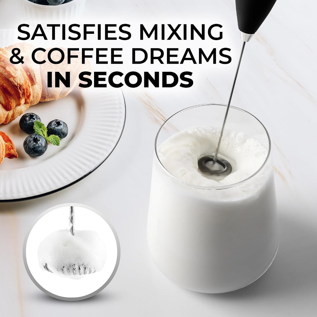 Zulay Kitchen Milk Frother Handheld Electric Whisk – Frother Wand. Durable Drink Mixer. Coffee Frother. Hand Blender. Frother for Protein Powder. Matcha & More - Black