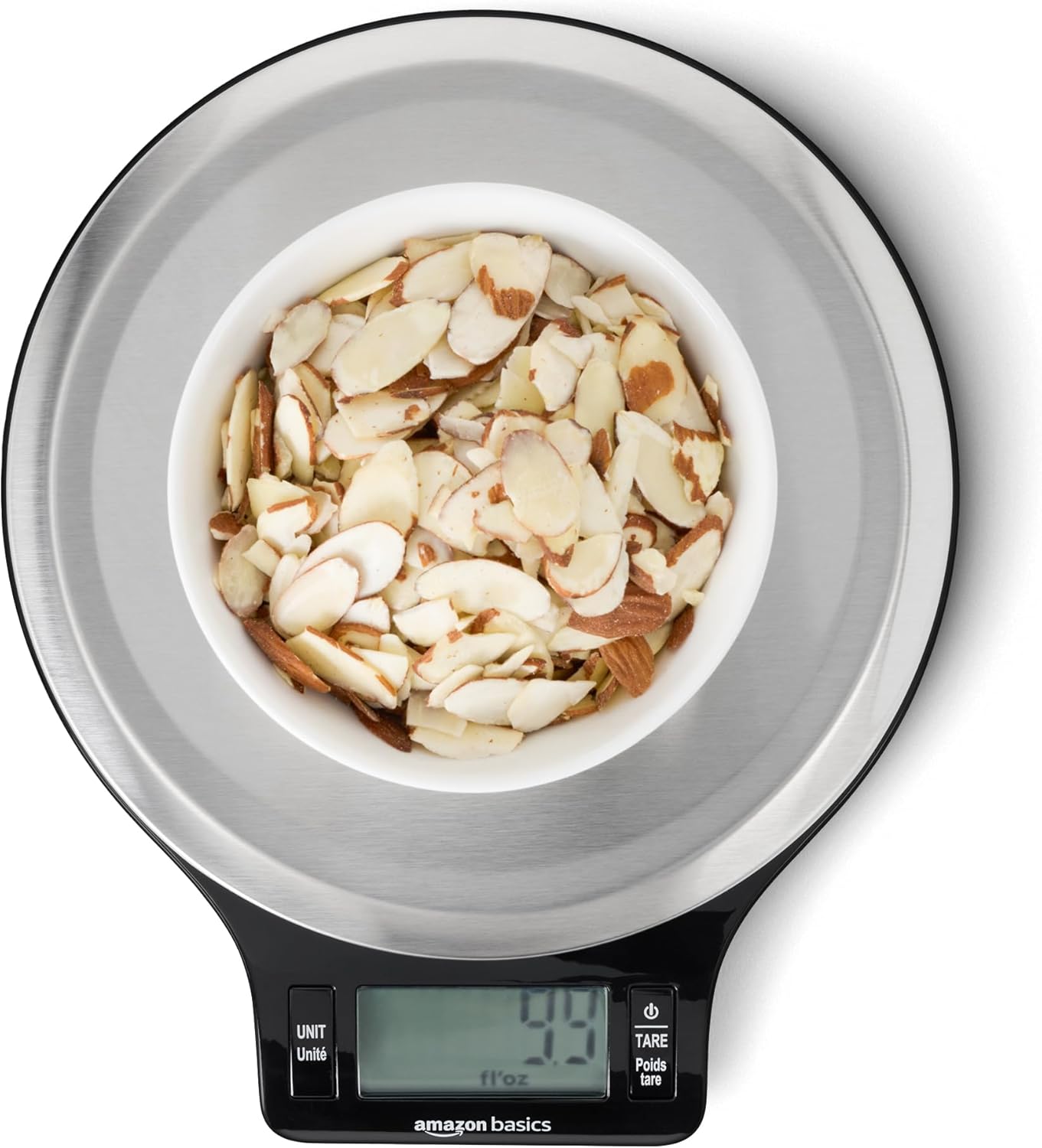 Amazon Basics Digital Kitchen Scale with LCD Display. Tare Function. Multiple Units. Weighs up to 11 Pounds. Batteries Included. Black and Stainless Steel