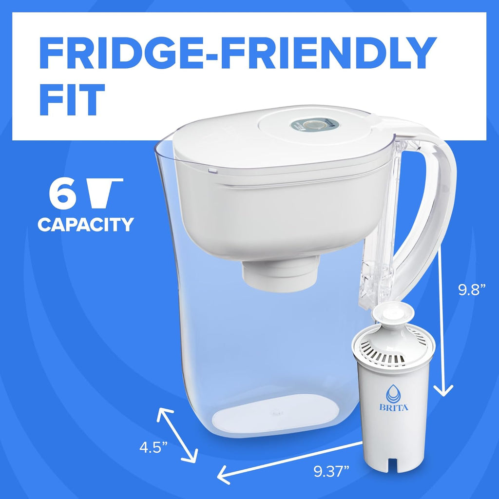 Brita Small 6-Cup Water Filter Pitcher. Includes 1 Filter. White | WQA and NSF/ANSI Certified. Reduces Chlorine. Copper. Mercury & Cadmium. Lasts 2 Months. Household Essential