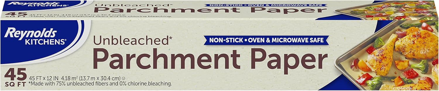 Reynolds Kitchens Unbleached Parchment Paper Roll. 45sq ft | Chlorine-Free. Nonstick Baking Parchment Paper. Microwave and Oven Safe To 425F. Fits Standard Baking Sheets. 12 in x 45 ft