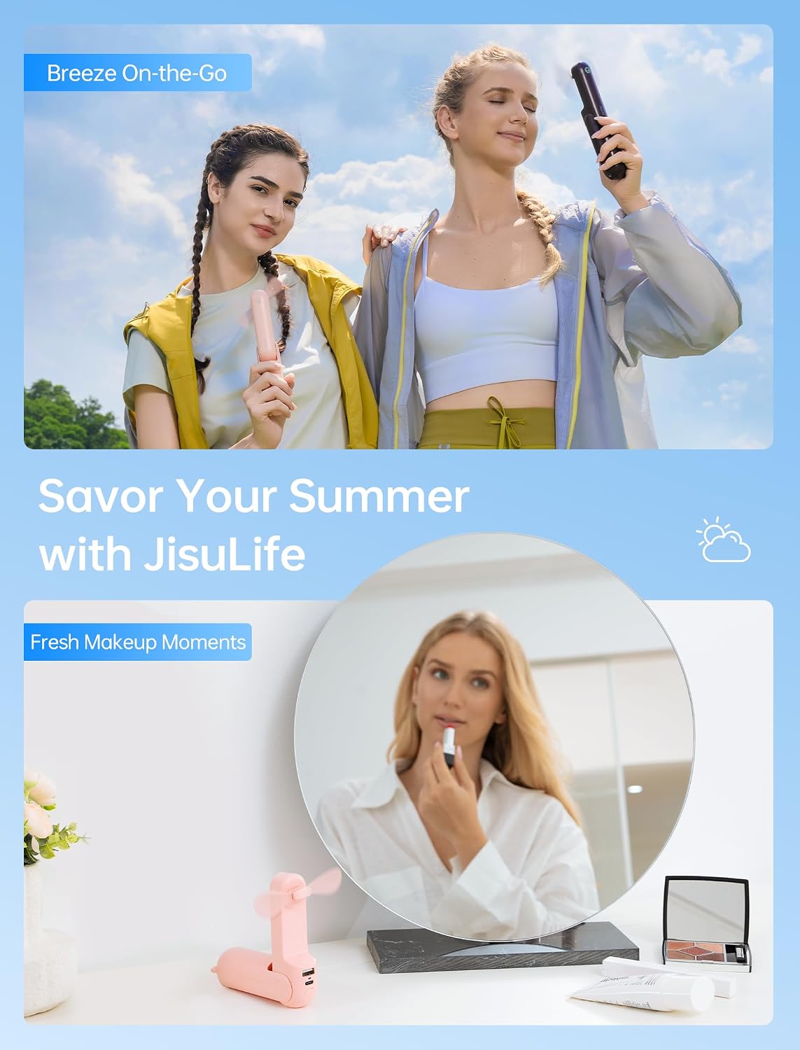 JISULIFE 3 IN 1 Portable Fan with Power Bank & Flashlight Featured | 19H Max Cooling. USB Rechargeable. Pocket-Sized Handheld Fan for Travel. Cruise. Concerts. Makeup. Summer Gifts for Women