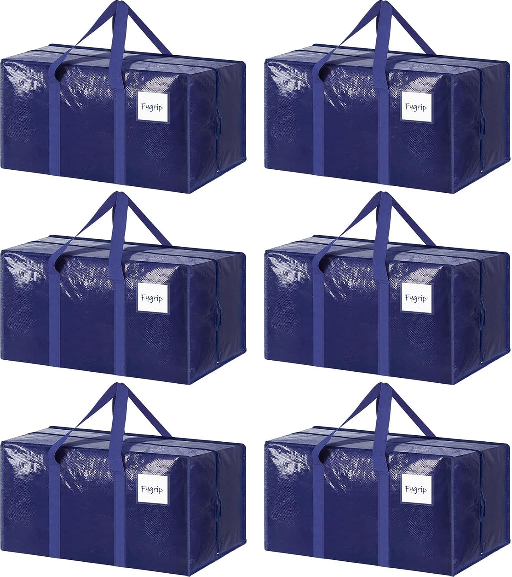 6 Pack Extra Heavy Duty Large Moving Bags with Strong Zipper. Dark Blue | Comfortable Handles. Sturdy & Durable Clothes Storage Bags Totes Bins. Blue Packing Moving Boxes for College Supplies