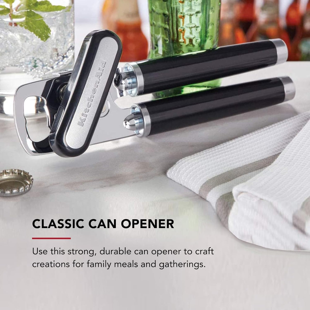 KitchenAid Classic Multifunction Can Opener and Bottle Opener Easy to Use.Razor Sharp Stainless Steel Cutting Wheel.Soft Ergonomic Handles.Black.(Pack of 12)