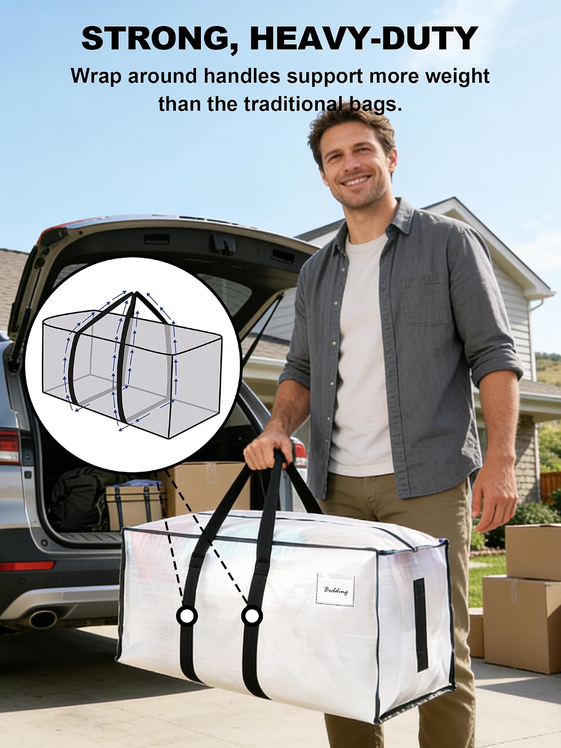 HOMESURE Supports 200lbs Heavy Duty Moving Bags - Strong Zipper & Wrap-Around Handles - Water-Resistant Storage Totes. Durable Alternative to Moving Boxes - 8 Pack - Semi-Transparent