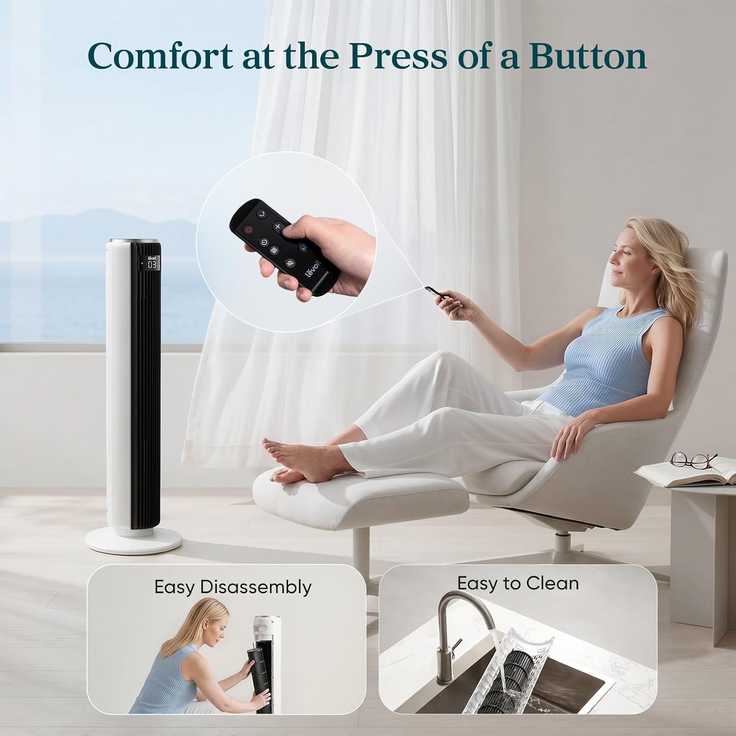 Levoit Tower Fan for Bedroom. 28ft/s Fans that Blow Cold Air. 28dB Quiet | Standing Floor Fan for Room. 90° Oscillating. 5 Speeds 4 Modes & Temp Sensor. Bladeless. 12H Timer. Remote. 36 inch. White
