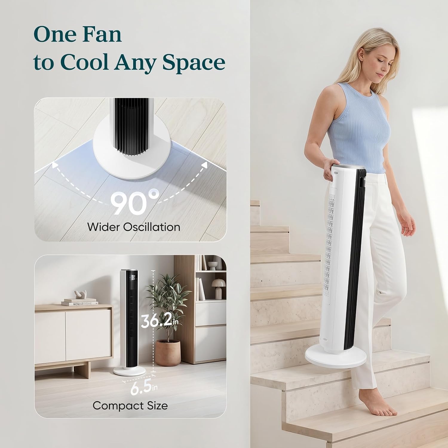 Levoit Tower Fan for Bedroom. 28ft/s Fans that Blow Cold Air. 28dB Quiet | Standing Floor Fan for Room. 90° Oscillating. 5 Speeds 4 Modes & Temp Sensor. Bladeless. 12H Timer. Remote. 36 inch. White
