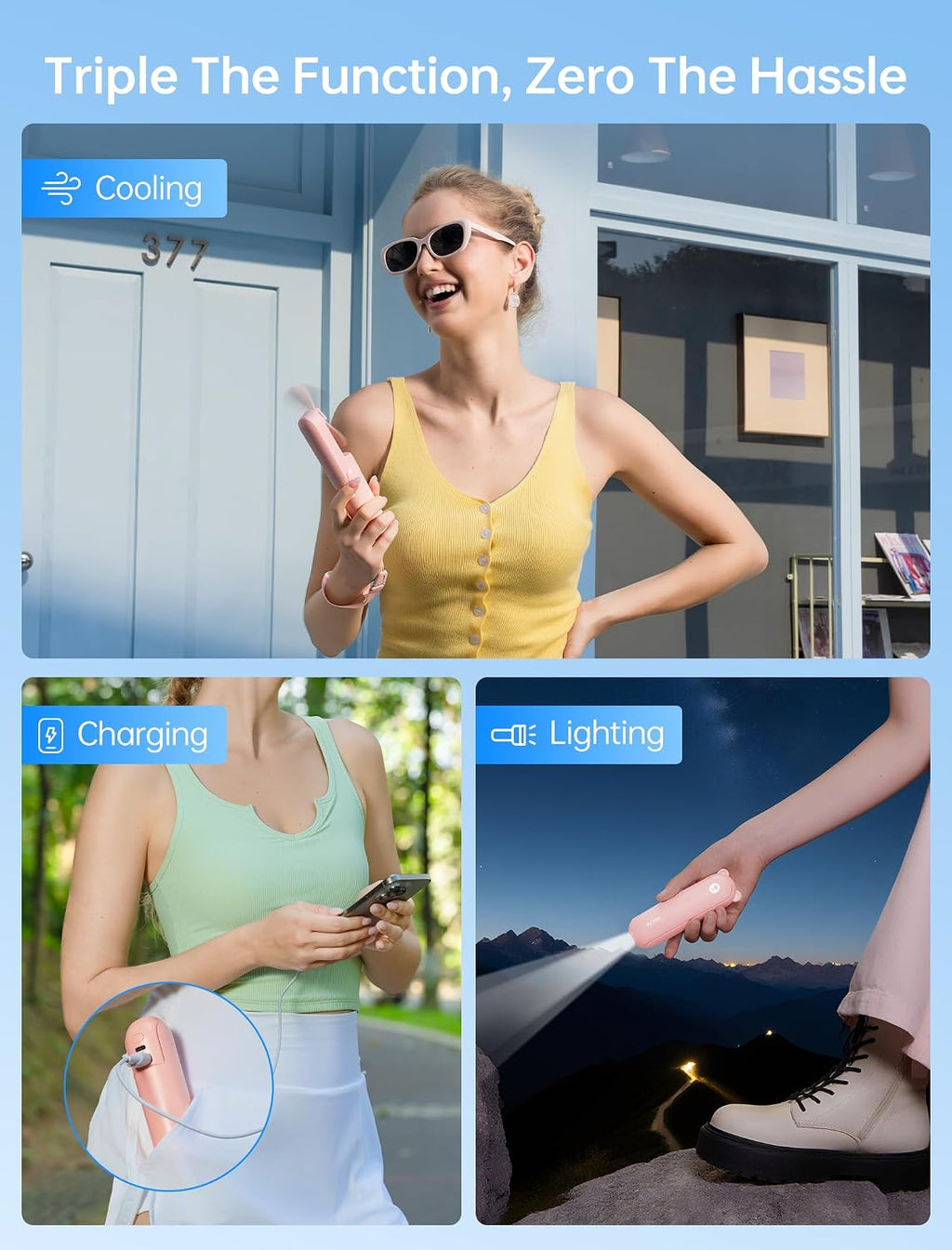 JISULIFE 3 IN 1 Portable Fan with Power Bank & Flashlight Featured | 19H Max Cooling. USB Rechargeable. Pocket-Sized Handheld Fan for Travel. Cruise. Concerts. Makeup. Summer Gifts for Women