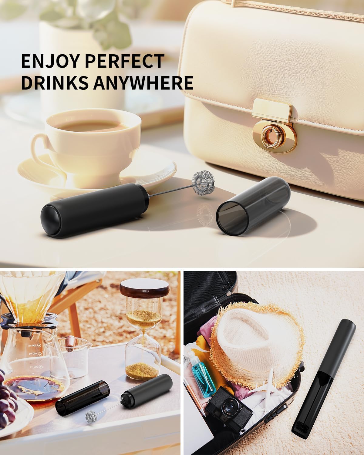 CIRCLE JOY Rechargeable Milk Frother Handheld. Dual Coil Whisk Head Electric Coffee Frother. Portable Hand Frother Wand Drink Mixer for Matcha Lattes Cappuccino. Kitchen Gifts. Black