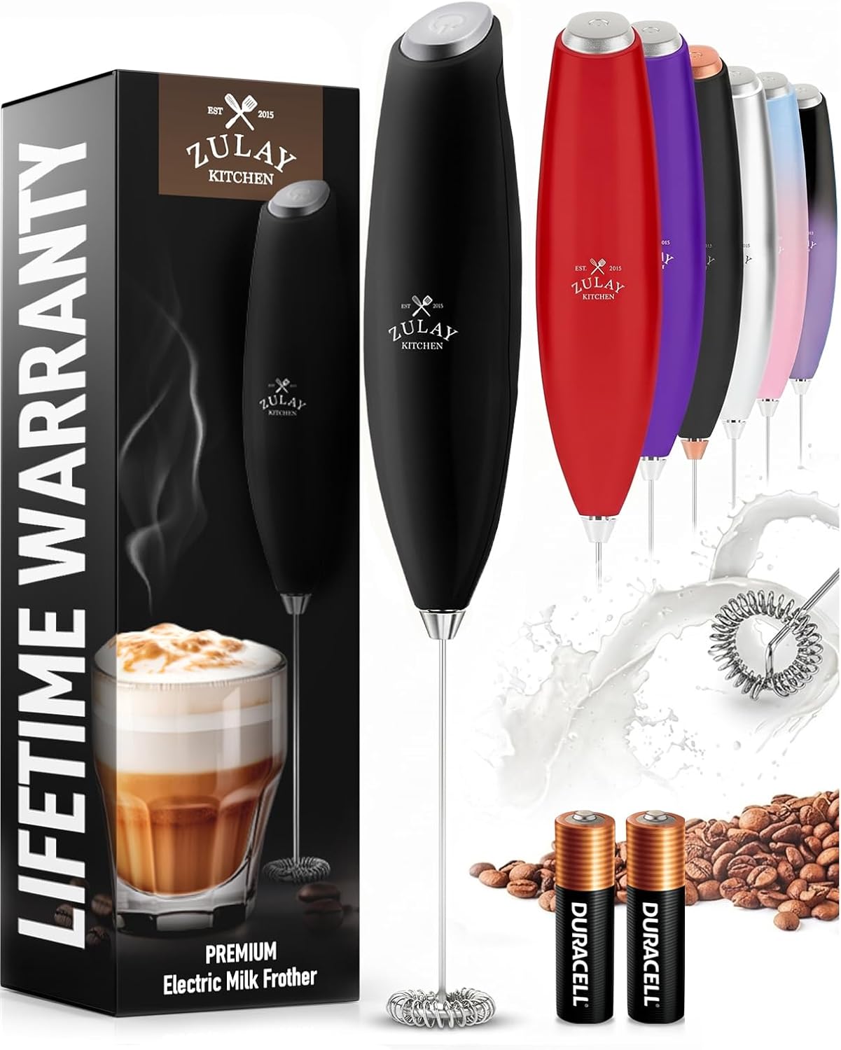 Zulay Kitchen Milk Frother Handheld Electric Whisk – Frother Wand. Durable Drink Mixer. Coffee Frother. Hand Blender. Frother for Protein Powder. Matcha & More - Black
