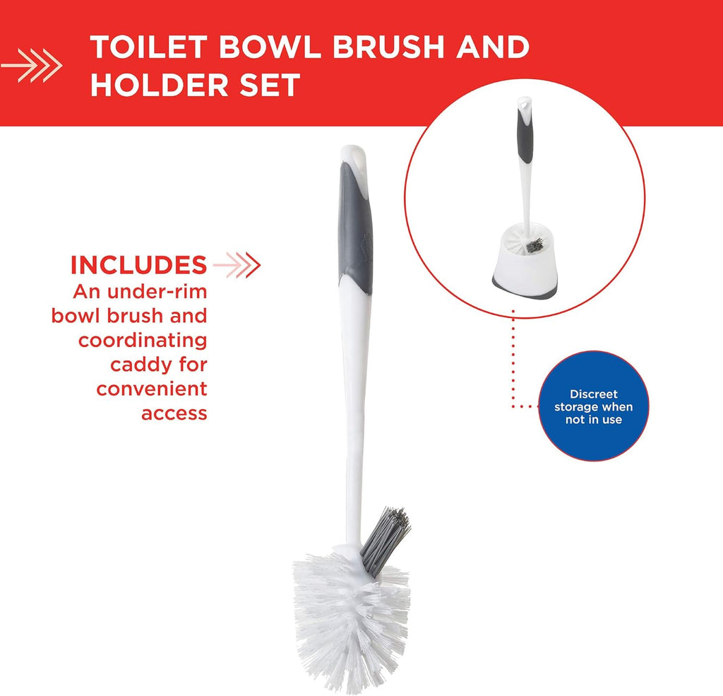 Clorox Corner Toilet Bowl Brush with Under Rim Scrubber. Includes Corner Storage Caddy. White