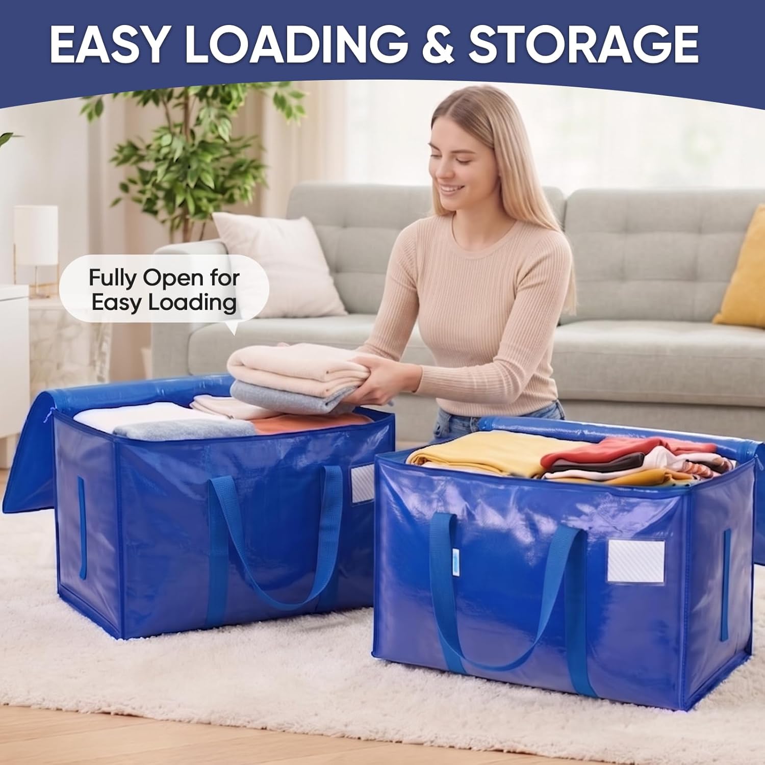 TICONN 6 Pack Extra Large Moving Bags Heavy Duty with Zippers & Carrying Handles. Durable Storage Bags Moving Boxes for Closet Organizers and Storage (6 Pack. Blue)