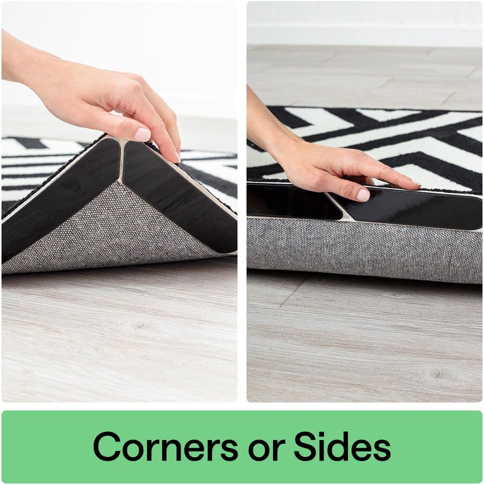 GORILLA GRIP® Extra Long Rug Grippers for Hardwood Floor. 8 Pack Black | Reusable Dual-Sided Adhesives Pads Keep Area Rugs Corners Flat. Holds Down Carpet on Hard Wood. Tile Floors. Renter Friendly