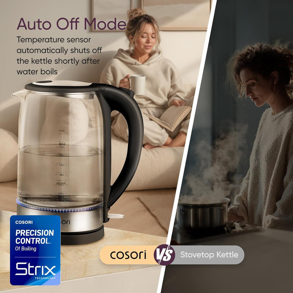 Cosori Electric Kettle. No Plastic Contact with Water. 1.7L. Black | Wide Opening. Easy to Clean. Auto Shut-Off. Boil-Dry Protection. Tea Kettle. Hot Water Boiler. Borosilicate Glass. 1500W