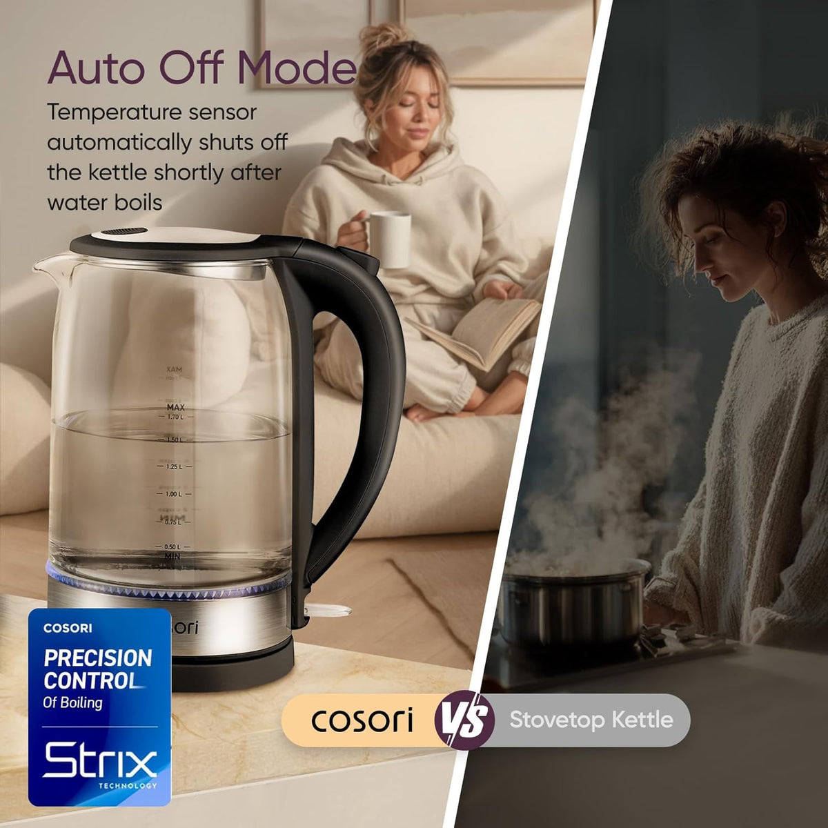 Cosori Electric Kettle. No Plastic Contact with Water. 1.7L. Black | Wide Opening. Easy to Clean. Auto Shut-Off. Boil-Dry Protection. Tea Kettle. Hot Water Boiler. Borosilicate Glass. 1500W