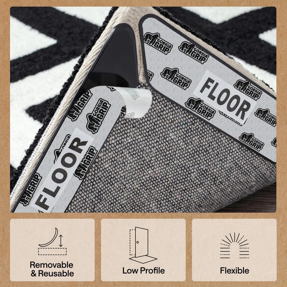 GORILLA GRIP® Extra Long Rug Grippers for Hardwood Floor. 8 Pack Black | Reusable Dual-Sided Adhesives Pads Keep Area Rugs Corners Flat. Holds Down Carpet on Hard Wood. Tile Floors. Renter Friendly