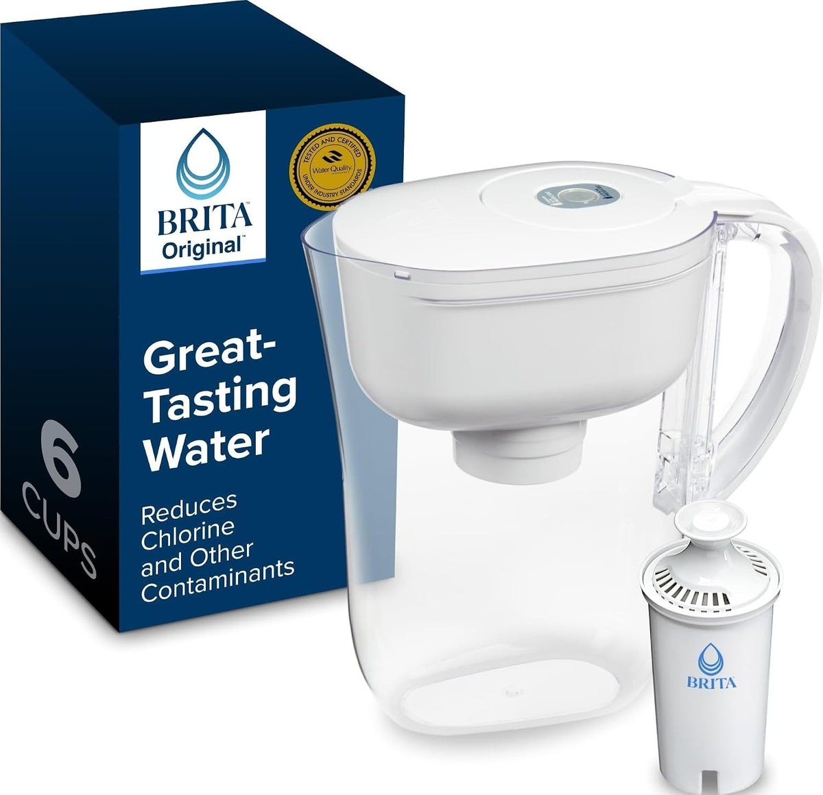 Brita Small 6-Cup Water Filter Pitcher. Includes 1 Filter. White | WQA and NSF/ANSI Certified. Reduces Chlorine. Copper. Mercury & Cadmium. Lasts 2 Months. Household Essential