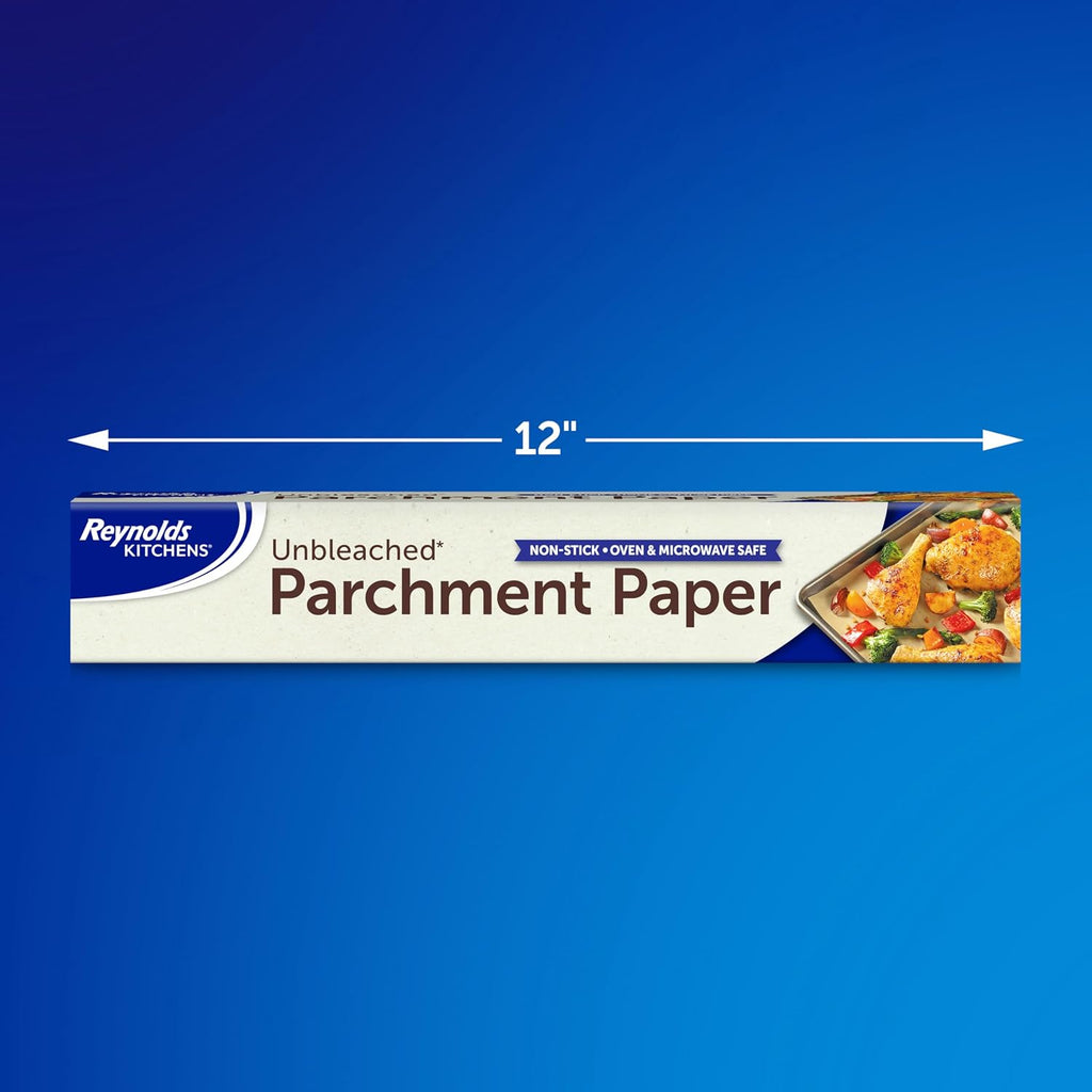 Reynolds Kitchens Unbleached Parchment Paper Roll. 45sq ft | Chlorine-Free. Nonstick Baking Parchment Paper. Microwave and Oven Safe To 425F. Fits Standard Baking Sheets. 12 in x 45 ft