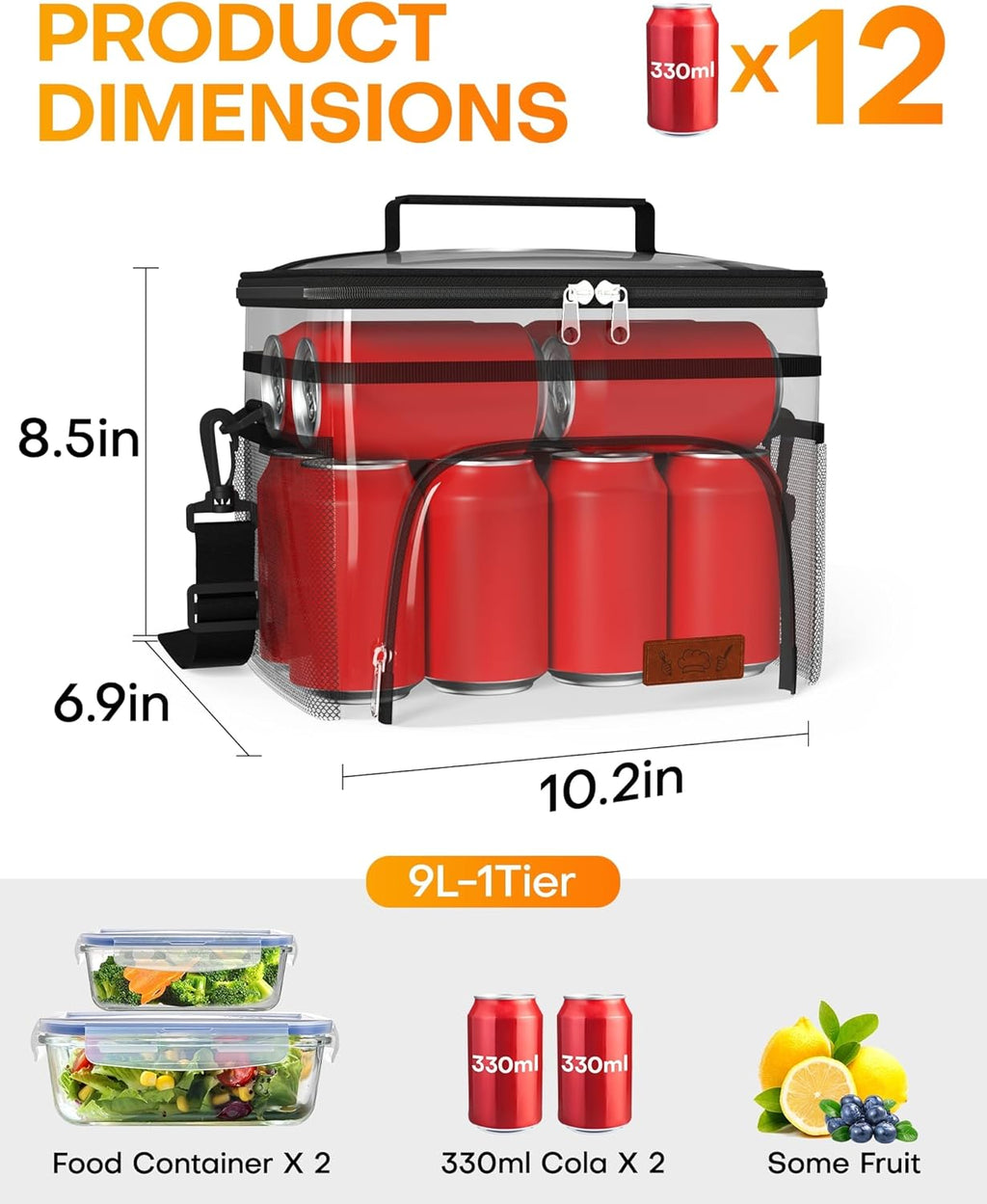 HOTOR Insulated Lunch Box Men Women Leak-Proof Cooler Lunch Bag 9L | 4 Pockets. Adjustable Strap. Ideal for Work. Picnic. Travel. Camping. Gift. Black