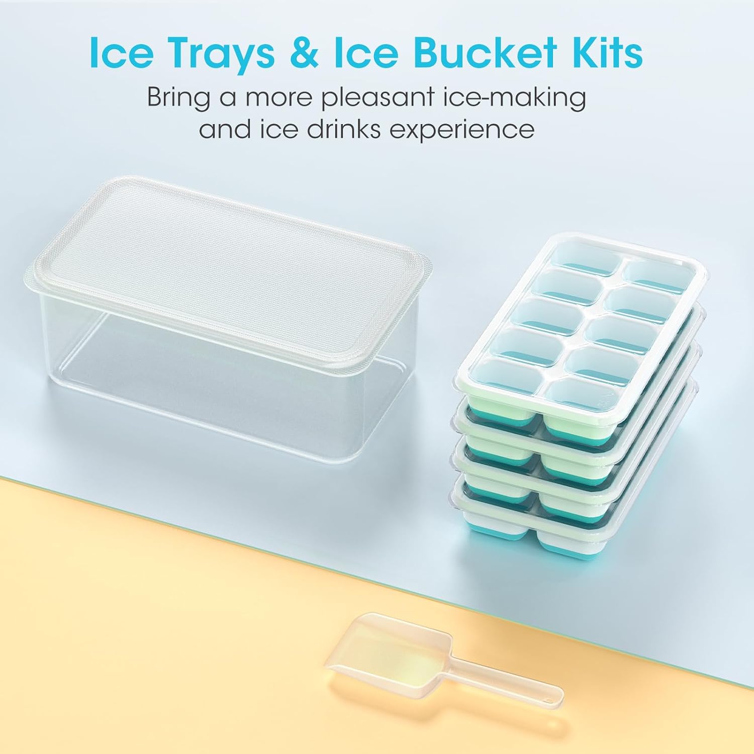 DOQAUS Ice Cube Tray with Lid and Bin.4 Pack Ice Cube Trays for Freezer | Silicone.Stackable. Easy Release Trays with Storage Bin & Scoop. Ideal for Freezer. Kitchen. RV. Cocktail. Coffee.