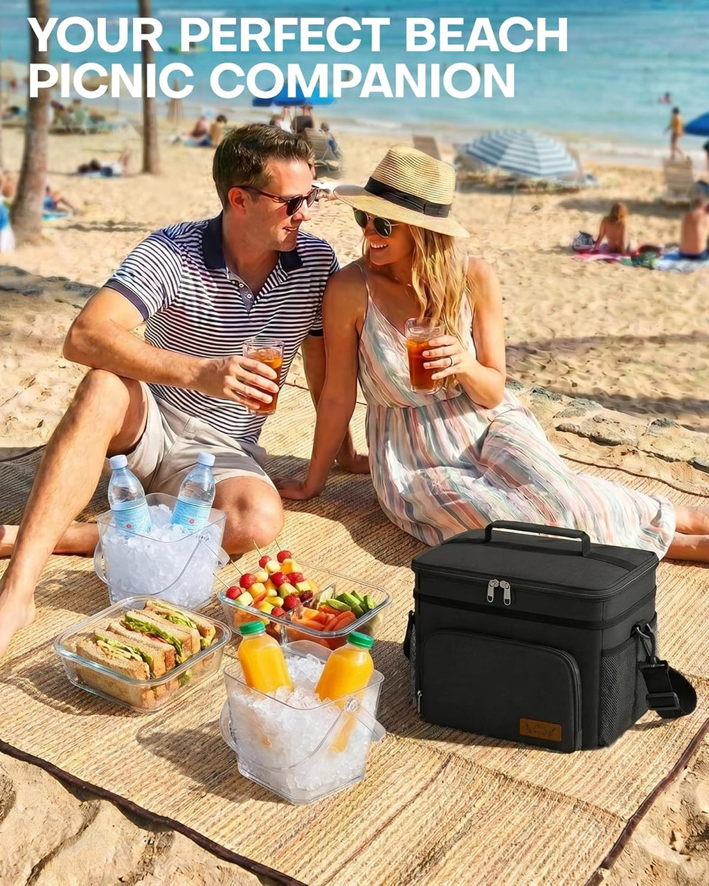 HOTOR Insulated Lunch Box Men Women Leak-Proof Cooler Lunch Bag 9L | 4 Pockets. Adjustable Strap. Ideal for Work. Picnic. Travel. Camping. Gift. Black