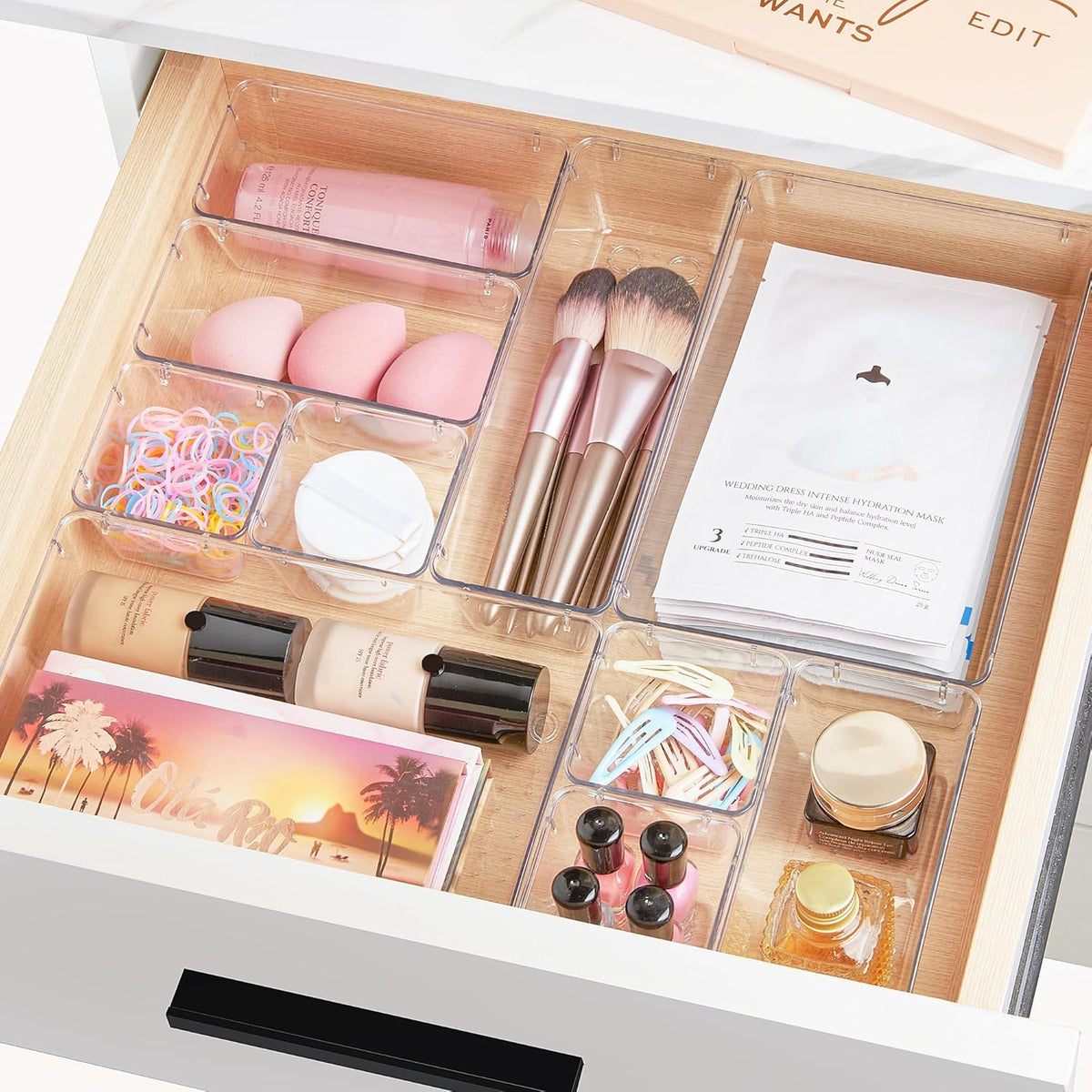 Vtopmart 25 PCS Clear Plastic Drawer Organizers Set. 4-Size Versatile Bathroom and Vanity Drawer Organizer Trays. Storage Bins for Makeup. Bedroom. Kitchen Gadgets Utensils and Office