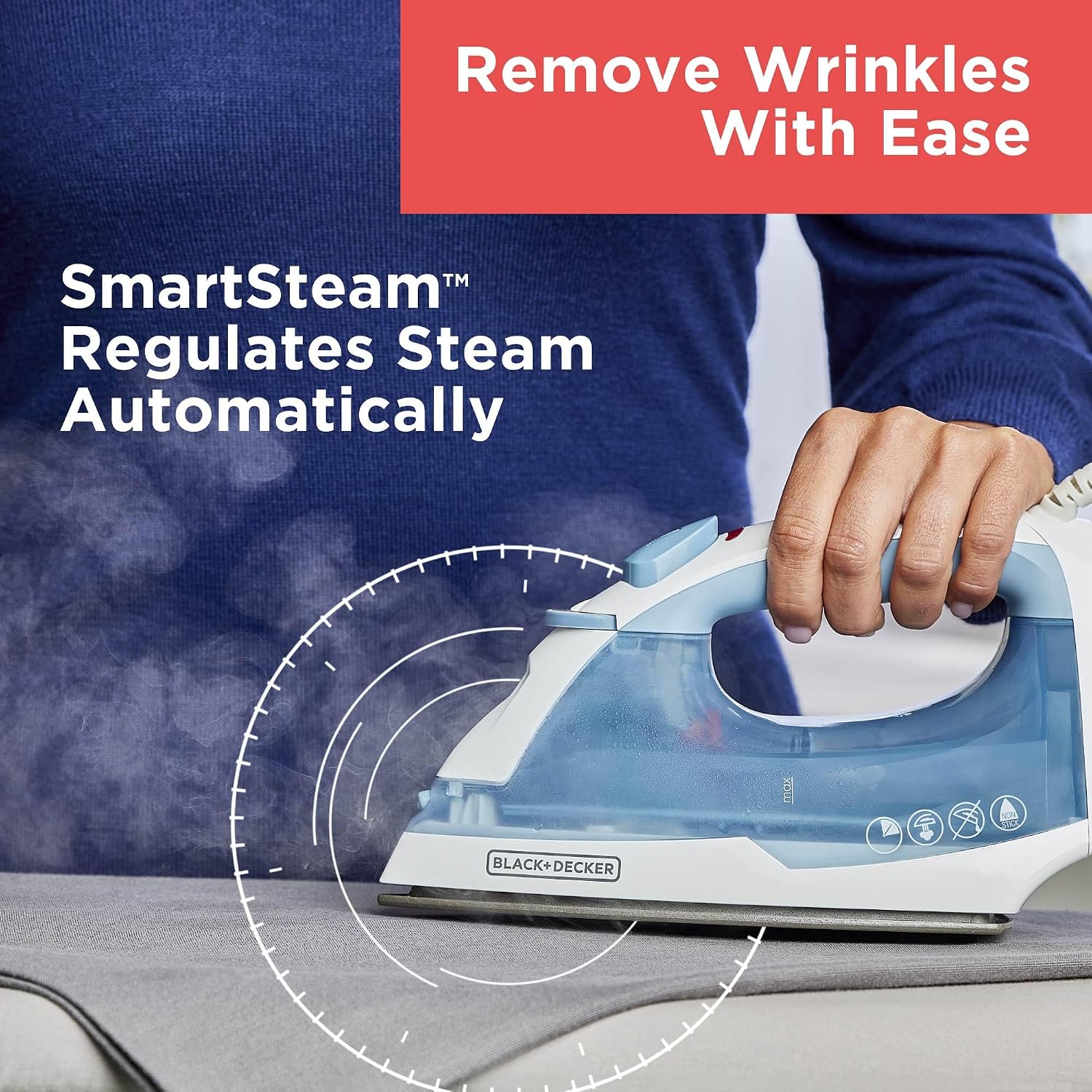 BLACK+DECKER Steam Iron for Clothes with Auto Shutoff & TrueGlide Soleplate | 1200W steam iron with nonstick soleplate. compact. spray mist. comfort grip and auto shutoff for easy wrinkle removal.