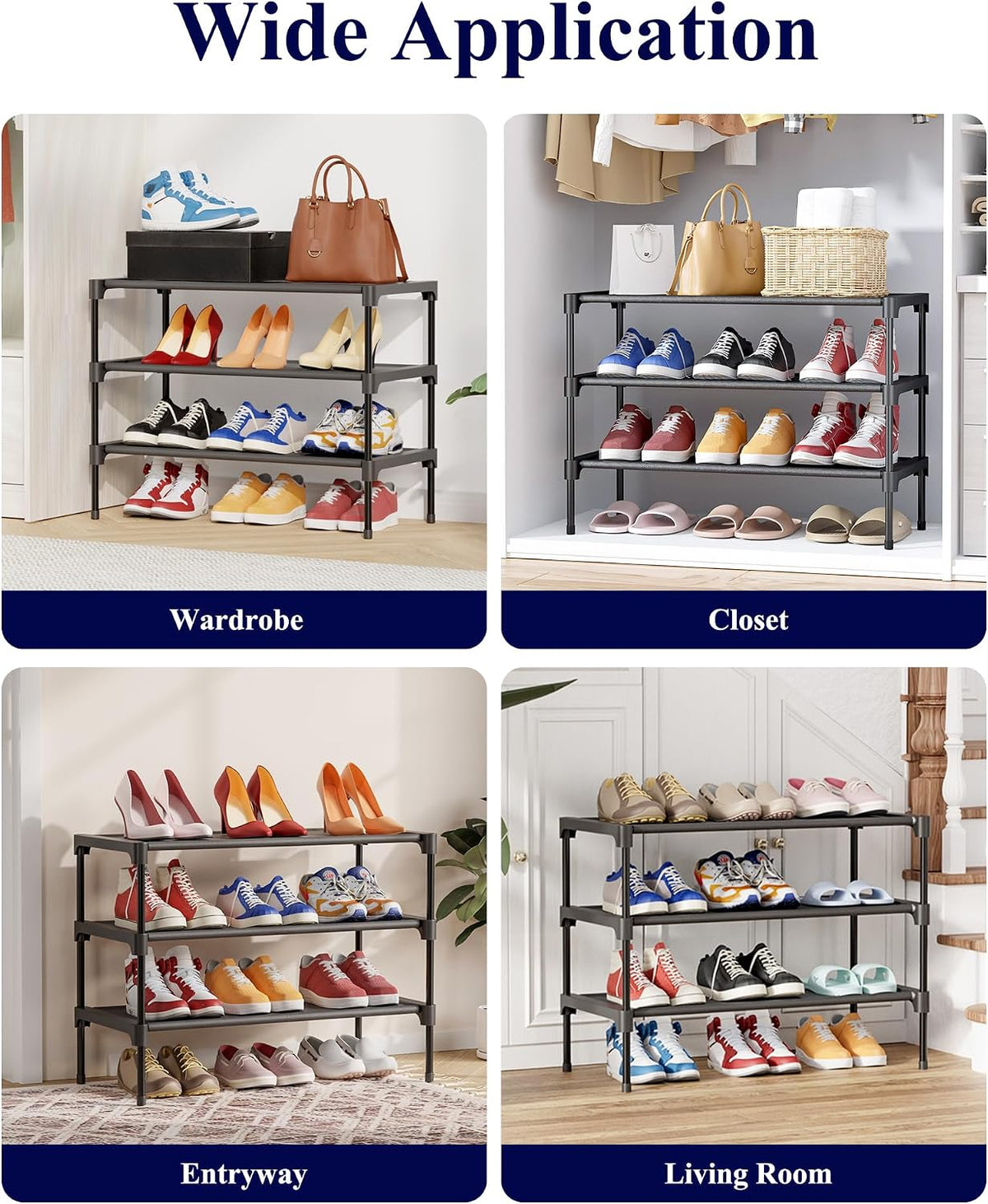 Kitsure Shoe Rack - Non-Woven Shoe Rack Shelf. 27.5 Wide - 3 Tier. Black | Shoe Organizer for Closet. Entryway. Garage. Stackable Shoe Shelves. college dorm&apartment essentials