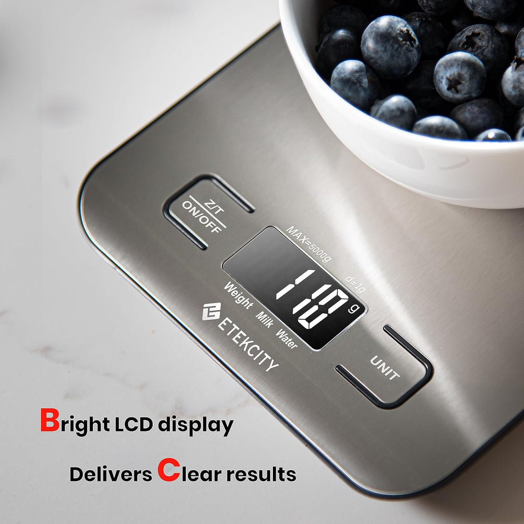 Etekcity Food Kitchen Scale. Digital Grams and Ounces. 11lb | Tare function. ideal for baking. weight loss. keto. meal prep. packages. liquids and jewelry. 304 Stainless Steel