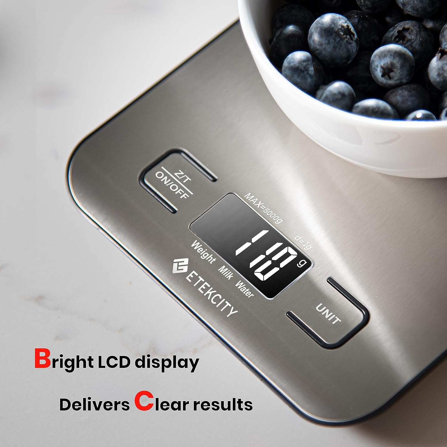 Etekcity Food Kitchen Scale. Digital Grams and Ounces. 11lb | Tare function. ideal for baking. weight loss. keto. meal prep. packages. liquids and jewelry. 304 Stainless Steel
