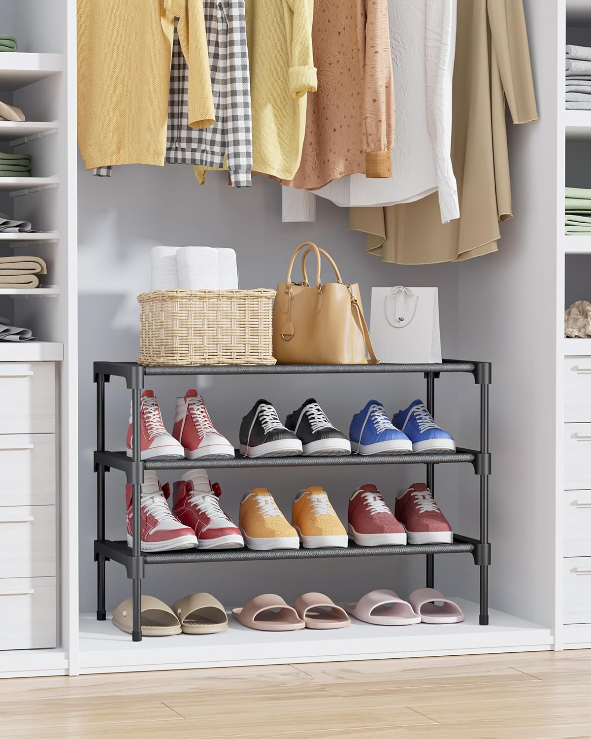 Kitsure Shoe Rack - Non-Woven Shoe Rack Shelf. 27.5 Wide - 3 Tier. Black | Shoe Organizer for Closet. Entryway. Garage. Stackable Shoe Shelves. college dorm&apartment essentials