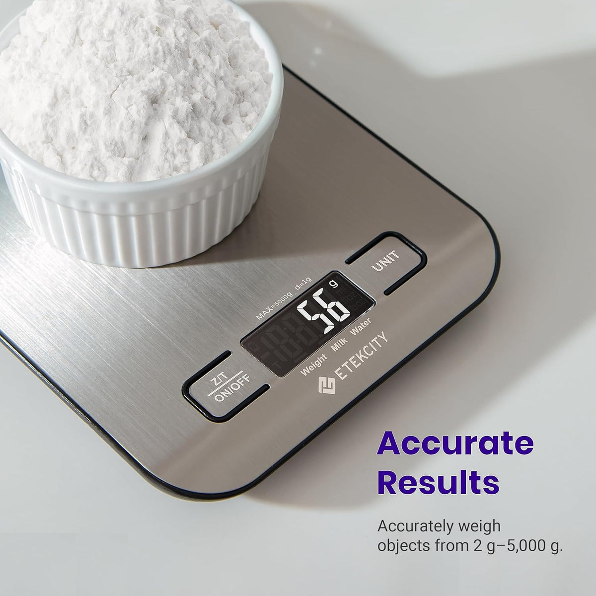 Etekcity Food Kitchen Scale. Digital Grams and Ounces. 11lb | Tare function. ideal for baking. weight loss. keto. meal prep. packages. liquids and jewelry. 304 Stainless Steel