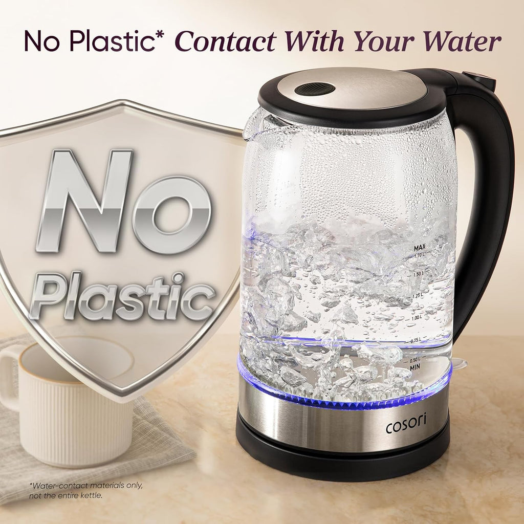 Cosori Electric Kettle. No Plastic Contact with Water. 1.7L. Black | Wide Opening. Easy to Clean. Auto Shut-Off. Boil-Dry Protection. Tea Kettle. Hot Water Boiler. Borosilicate Glass. 1500W