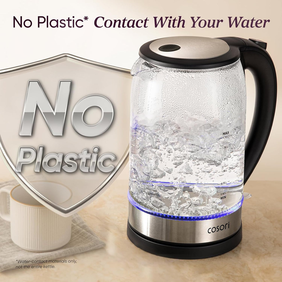 Cosori Electric Kettle. No Plastic Contact with Water. 1.7L. Black | Wide Opening. Easy to Clean. Auto Shut-Off. Boil-Dry Protection. Tea Kettle. Hot Water Boiler. Borosilicate Glass. 1500W