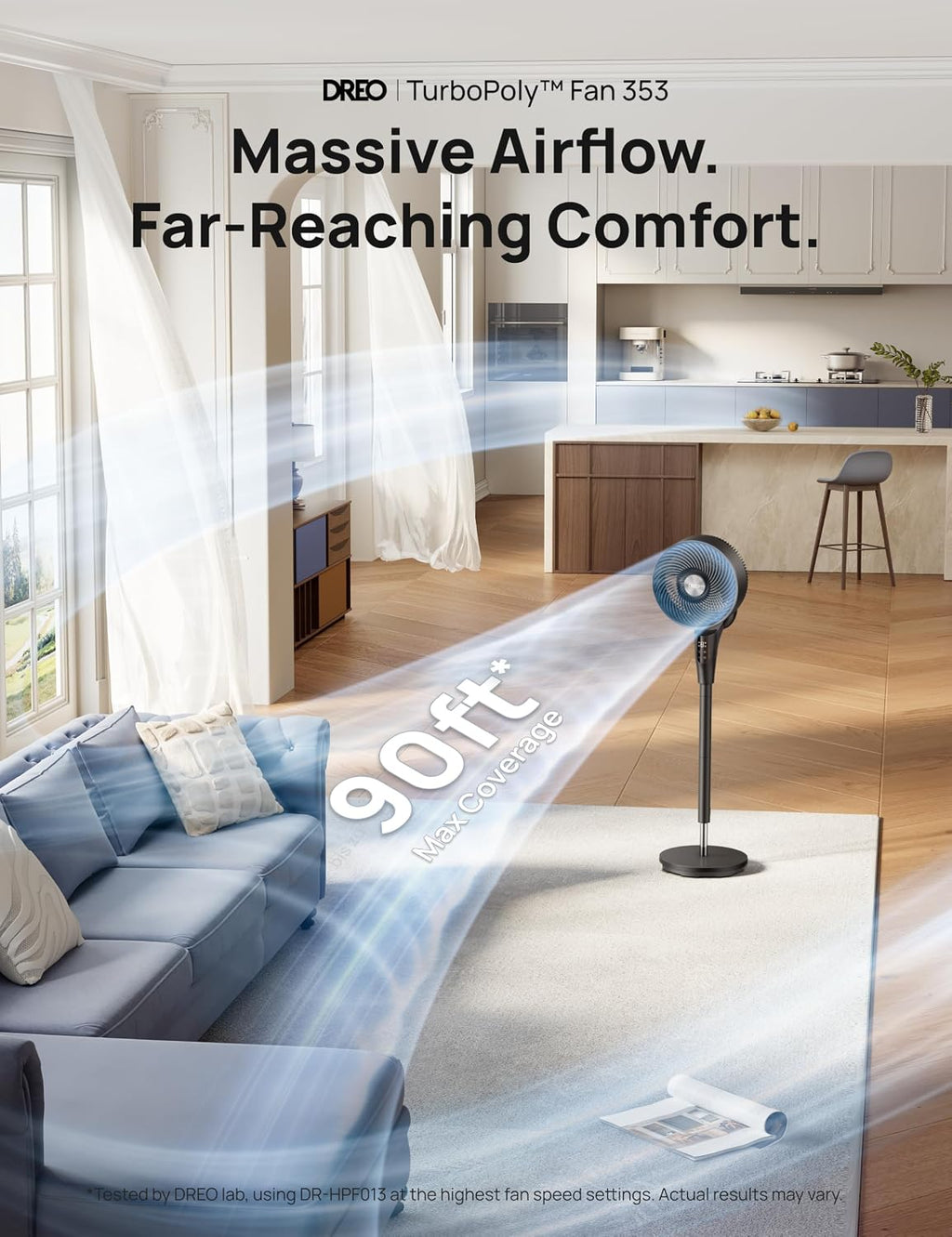 DREO Fan for Bedroom. 2026 Upgraded. 90ft Airflow. Quiet Fan. 90° Oscillating Standing Fan for Whole Room. DC Motor. 8+H Speeds. 3 Modes. 38-42'' Adjustable Height. 8H Timer. 105° Manual Vertical