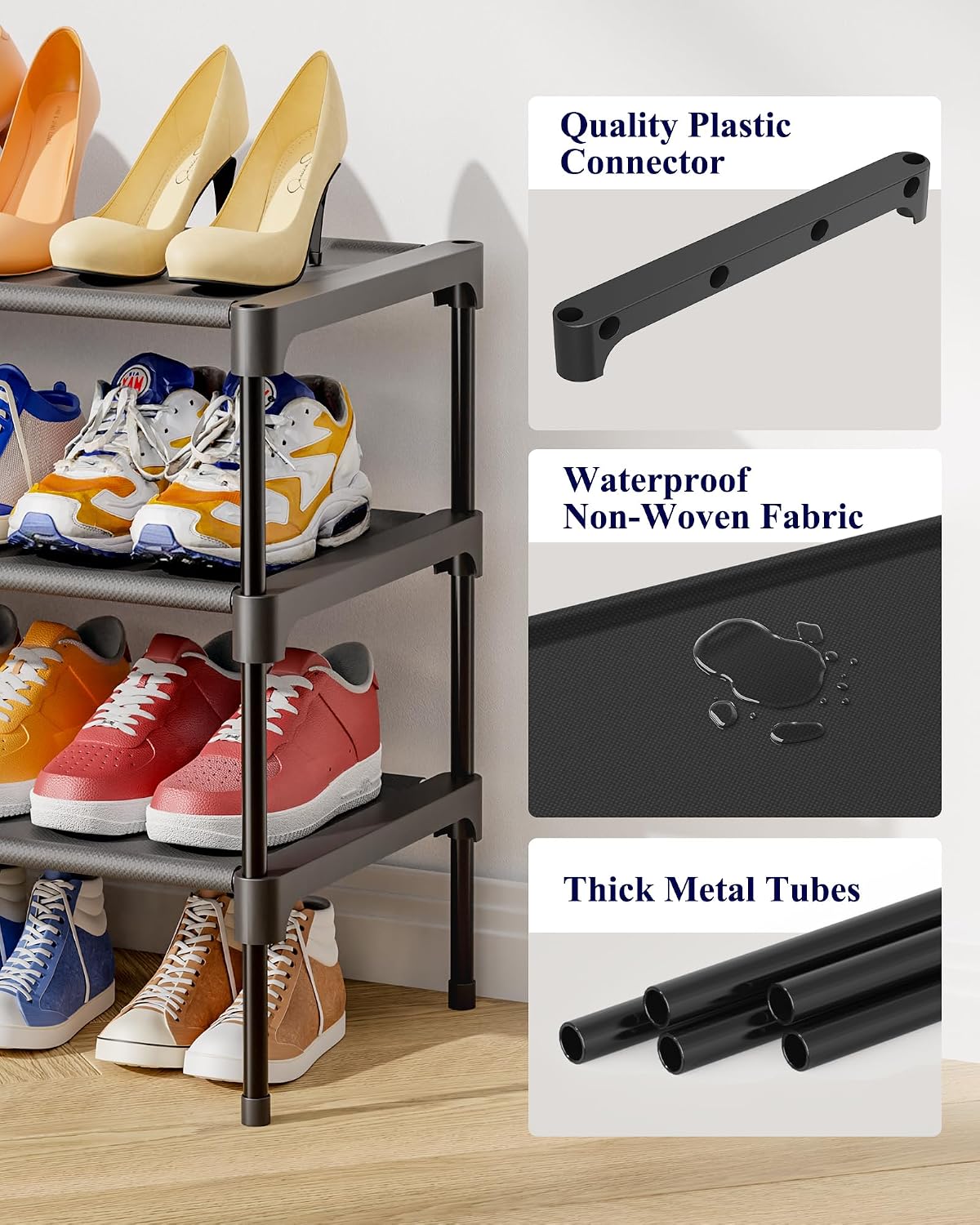 Kitsure Shoe Rack - Non-Woven Shoe Rack Shelf. 27.5 Wide - 3 Tier. Black | Shoe Organizer for Closet. Entryway. Garage. Stackable Shoe Shelves. college dorm&apartment essentials