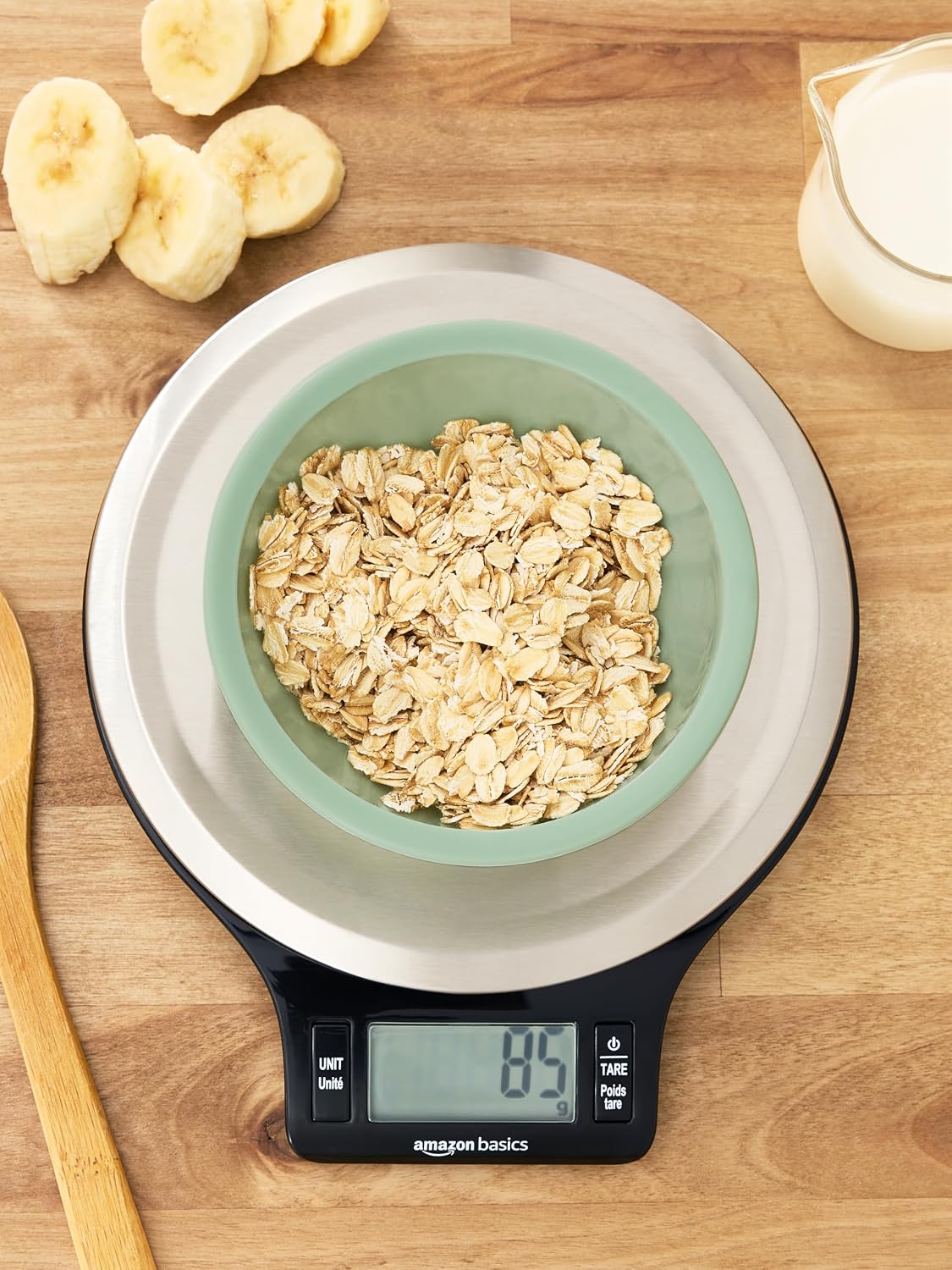 Amazon Basics Digital Kitchen Scale with LCD Display. Tare Function. Multiple Units. Weighs up to 11 Pounds. Batteries Included. Black and Stainless Steel