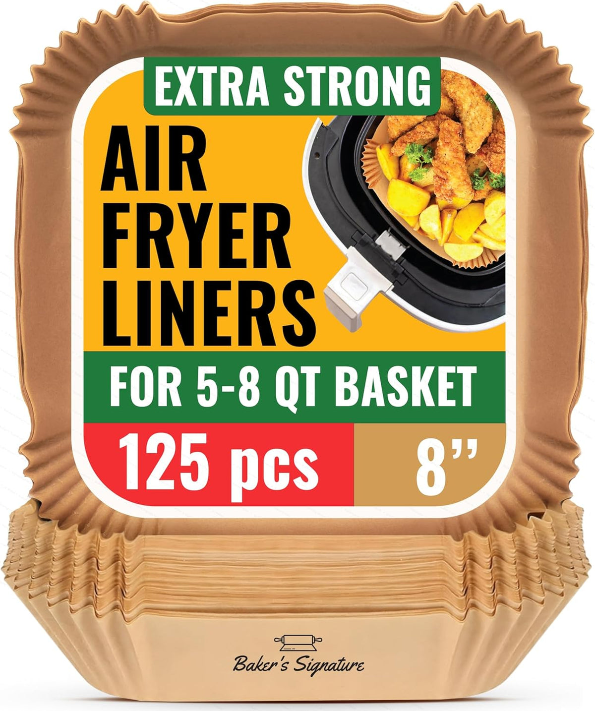 Air Fryer Paper Liners. 125Pcs Air Fryer Disposable Liners | Non-Stick and Oil Proof for Easy Cleanup. 8 Square for 5-8 qt Basket by Baker's Signature