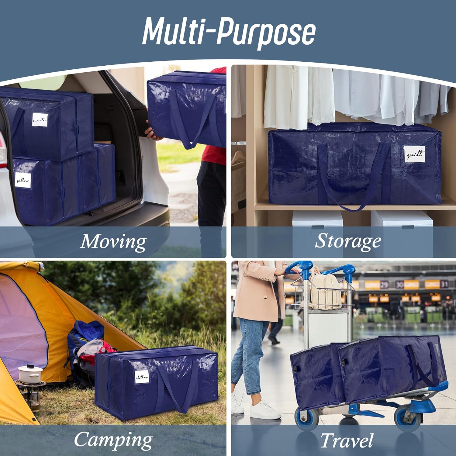 6 Pack Extra Heavy Duty Large Moving Bags with Strong Zipper. Dark Blue | Comfortable Handles. Sturdy & Durable Clothes Storage Bags Totes Bins. Blue Packing Moving Boxes for College Supplies