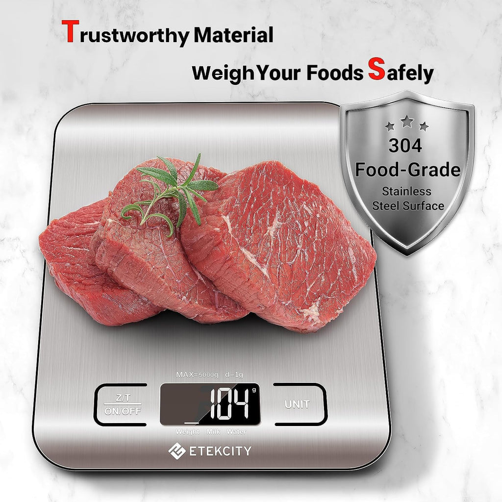 Etekcity Food Kitchen Scale. Digital Grams and Ounces. 11lb | Tare function. ideal for baking. weight loss. keto. meal prep. packages. liquids and jewelry. 304 Stainless Steel