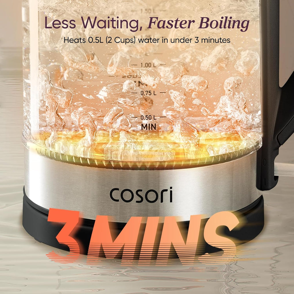 Cosori Electric Kettle. No Plastic Contact with Water. 1.7L. Black | Wide Opening. Easy to Clean. Auto Shut-Off. Boil-Dry Protection. Tea Kettle. Hot Water Boiler. Borosilicate Glass. 1500W