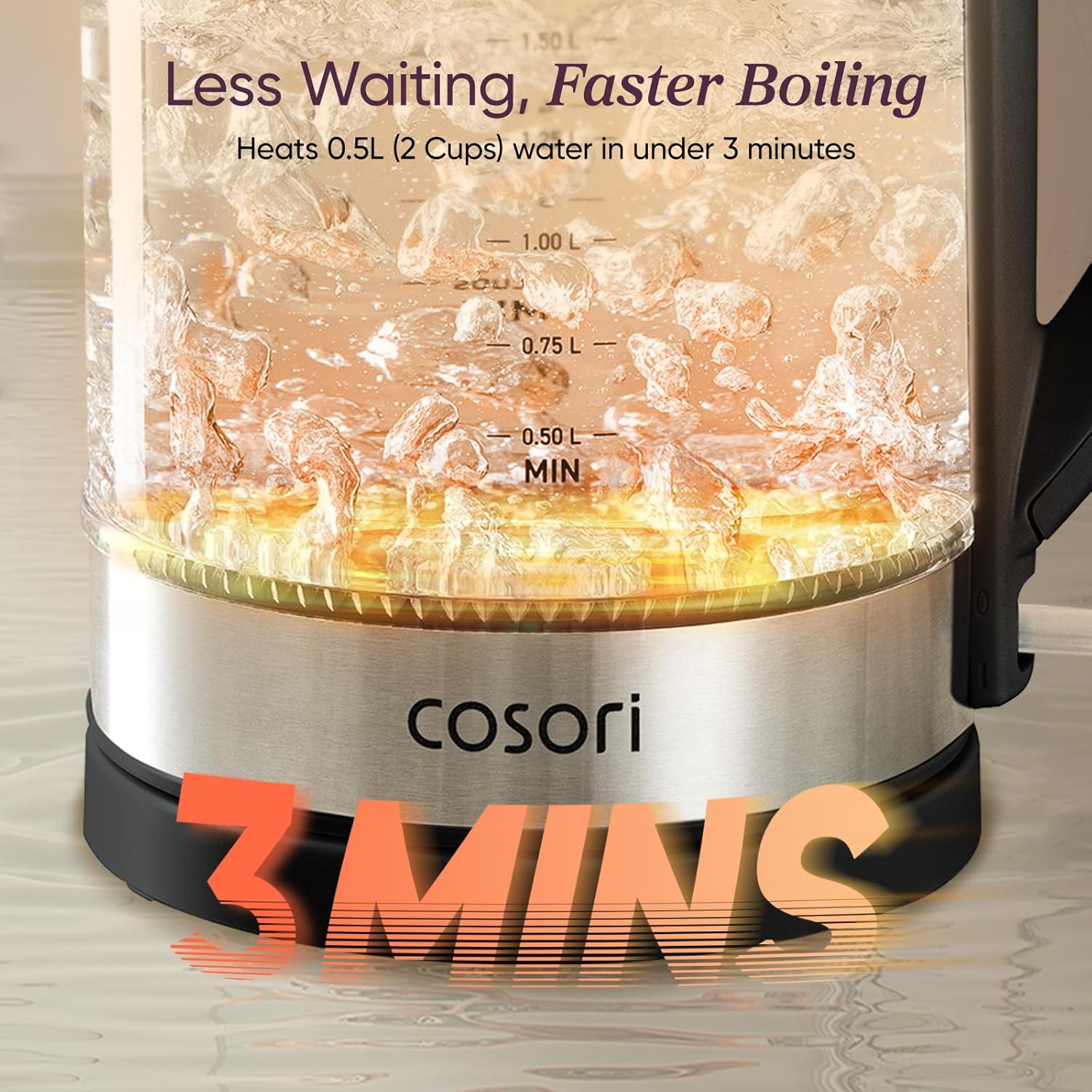 Cosori Electric Kettle. No Plastic Contact with Water. 1.7L. Black | Wide Opening. Easy to Clean. Auto Shut-Off. Boil-Dry Protection. Tea Kettle. Hot Water Boiler. Borosilicate Glass. 1500W
