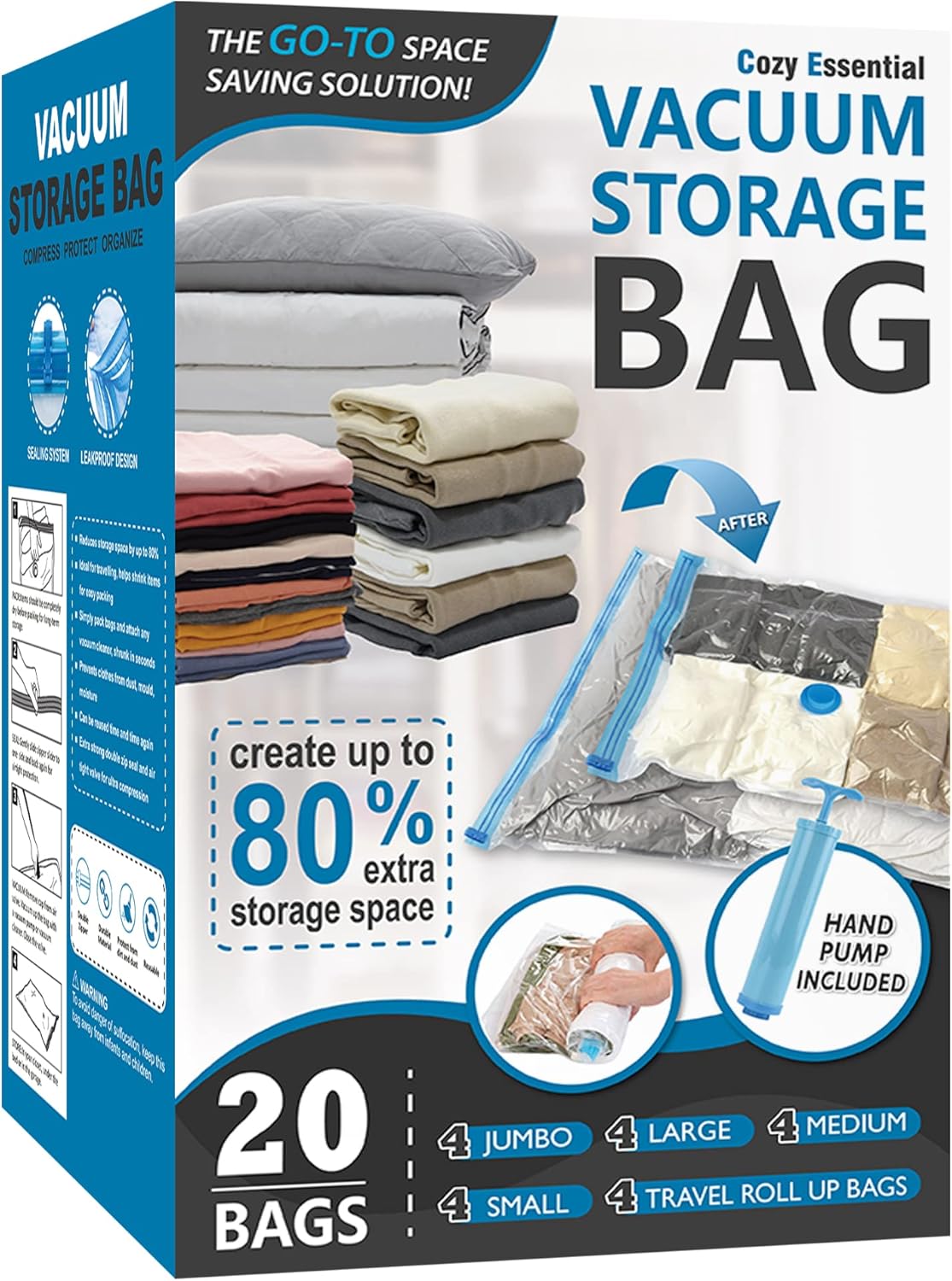 Vacuum Storage Bags with Hand Pump. Vacuum Seal Space Saver Bags.20 Combo | 80% Space-Saving Bags for Clothing. Blankets. Pillows. Bedding & Comforters; Multi-Size Variety Pack for Home & Travel