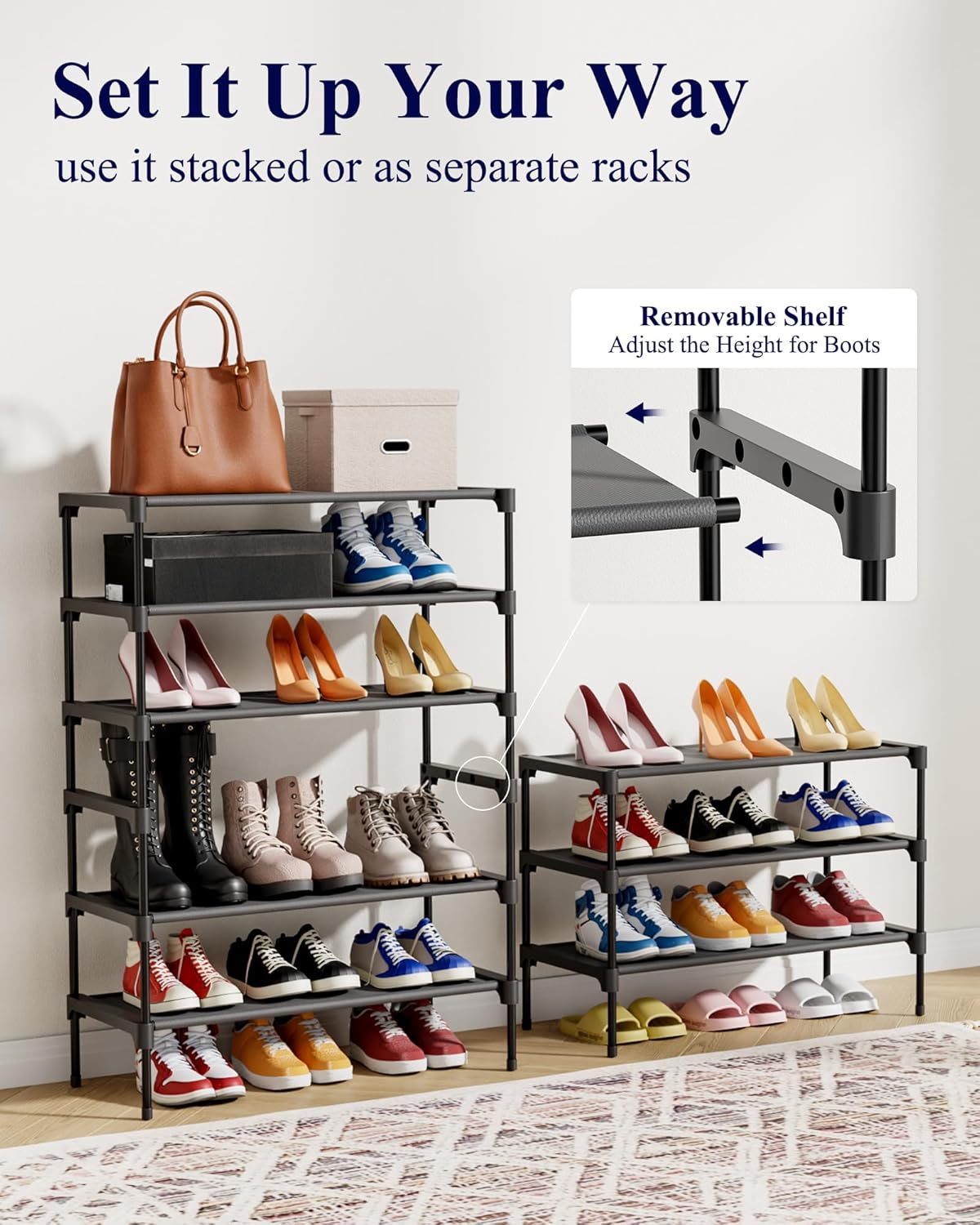 Kitsure Shoe Rack - Non-Woven Shoe Rack Shelf. 27.5 Wide - 3 Tier. Black | Shoe Organizer for Closet. Entryway. Garage. Stackable Shoe Shelves. college dorm&apartment essentials
