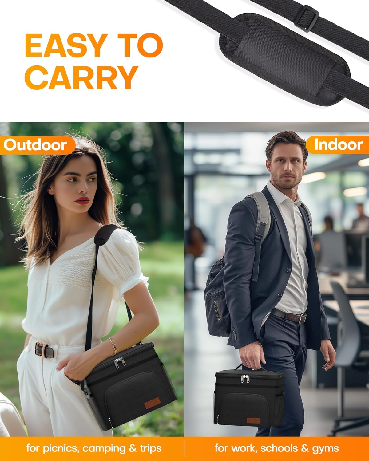HOTOR Insulated Lunch Box Men Women Leak-Proof Cooler Lunch Bag 9L | 4 Pockets. Adjustable Strap. Ideal for Work. Picnic. Travel. Camping. Gift. Black